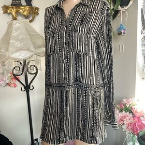 Free People Black and White Long Sleeve Polo Collar Dress